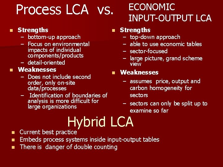 Process LCA vs. n Strengths – bottom-up approach – Focus on environmental n impacts
