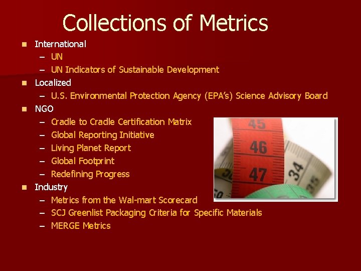 Collections of Metrics International – UN Indicators of Sustainable Development n Localized – U.