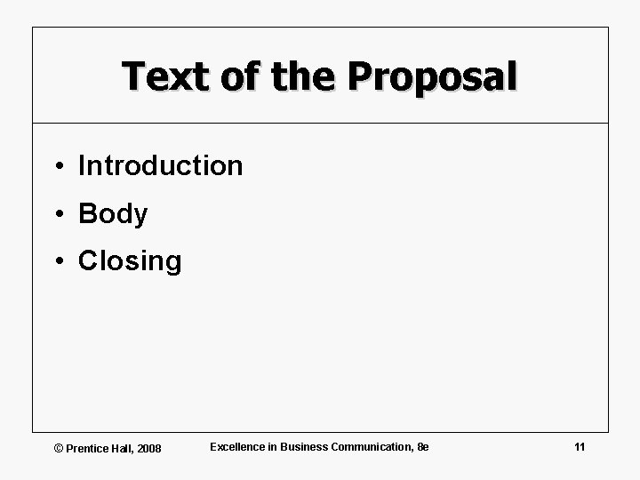 Text of the Proposal • Introduction • Body • Closing © Prentice Hall, 2008