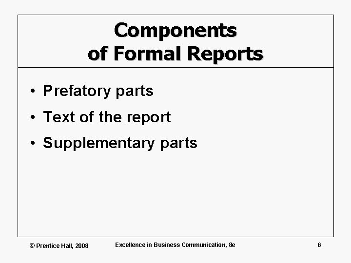 Components of Formal Reports • Prefatory parts • Text of the report • Supplementary