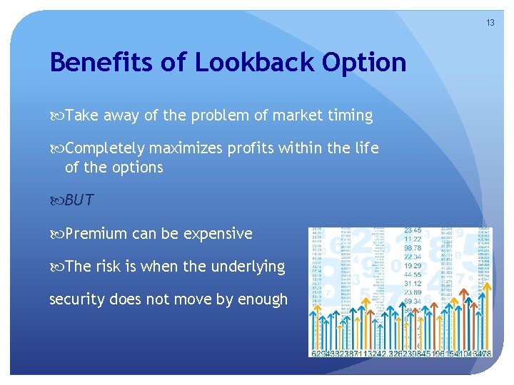 13 Benefits of Lookback Option Take away of the problem of market timing Completely