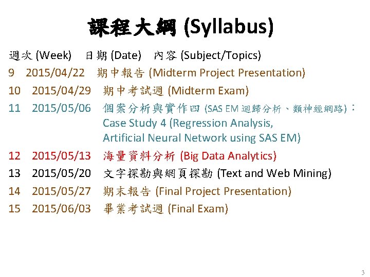 課程大綱 (Syllabus) 週次 (Week) 日期 (Date) 內容 (Subject/Topics) 9 2015/04/22 期中報告 (Midterm Project Presentation)