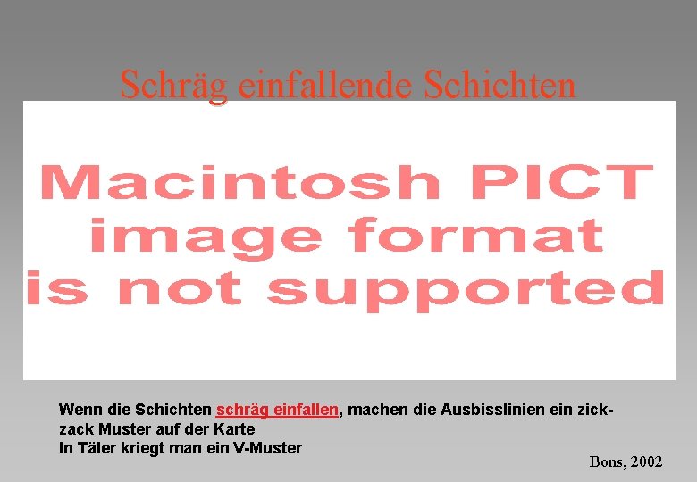 Schräg einfallende Schichten Wenn die Schichten schräg einfallen, machen die Ausbisslinien ein zickzack Muster