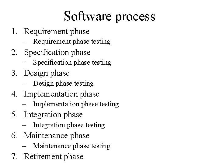 Software process 1. Requirement phase – Requirement phase testing 2. Specification phase – Specification