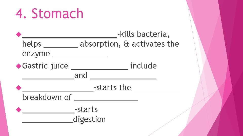 4. Stomach __________-kills __________ bacteria, helps ____ absorption, & activates the enzyme _______ Gastric