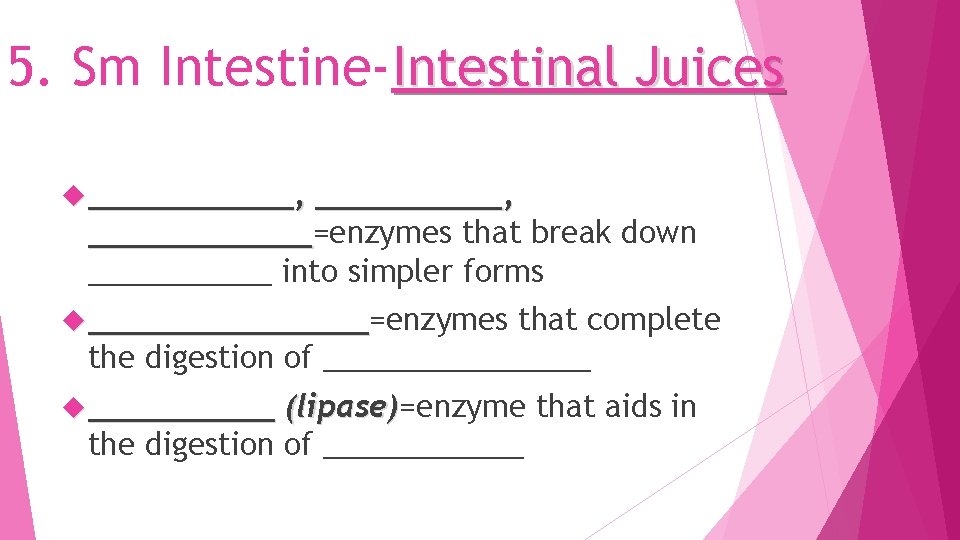 5. Sm Intestine-Intestinal Juices ______, ______=enzymes that break down ______ into simpler forms ________=enzymes