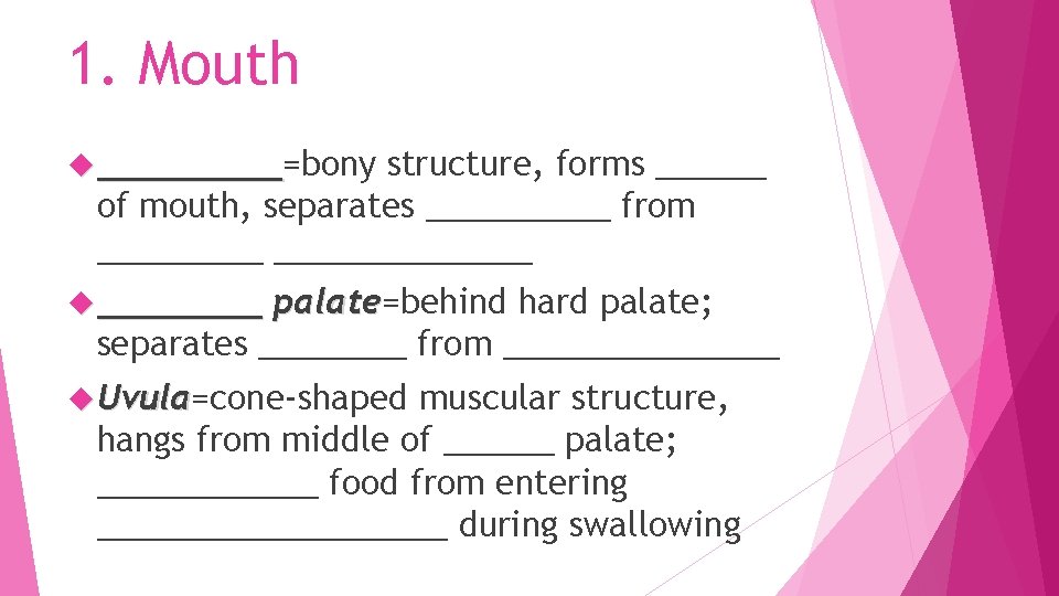 1. Mouth _____=bony _____ structure, forms ______ of mouth, separates _____ from ______________ palate=behind