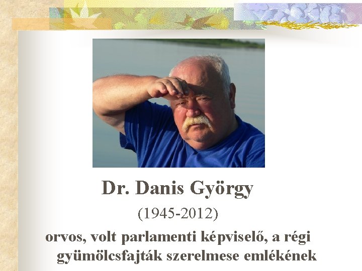 Dr. Danis György (1945 -2012) orvos, volt parlamenti képviselő, a régi gyümölcsfajták szerelmese emlékének