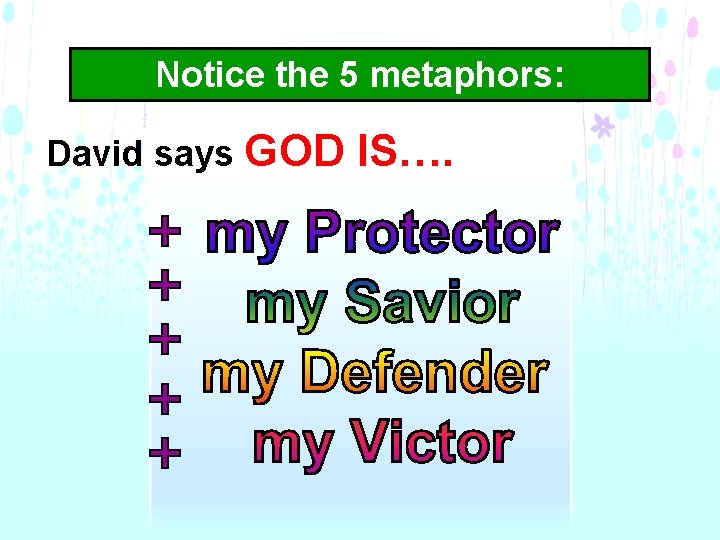 Notice the 5 metaphors: David says GOD IS…. 