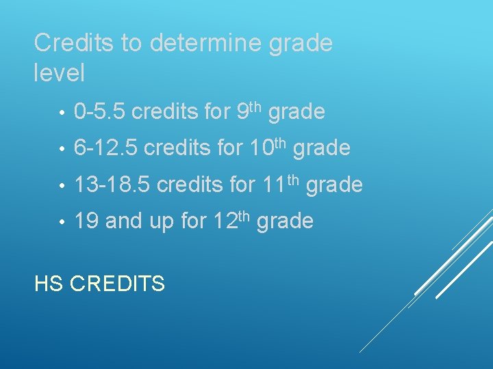 Credits to determine grade level • 0 -5. 5 credits for 9 th grade