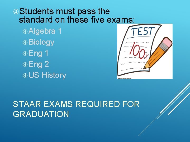  Students must pass the standard on these five exams: Algebra 1 Biology Eng