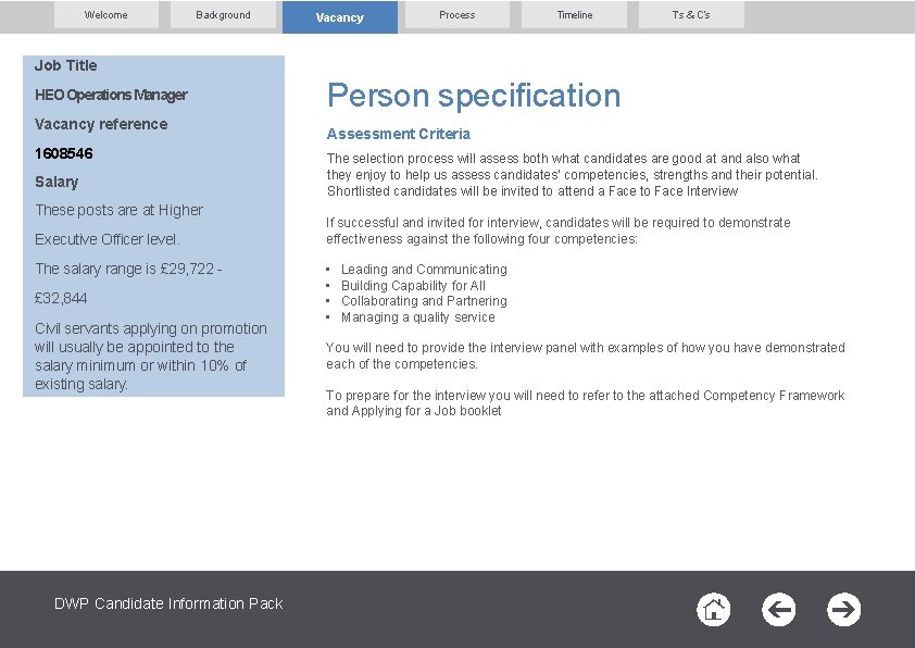 Welcome Background Vacancy Process Timeline T’s & C’s Job Title HEO Operations Manager Vacancy