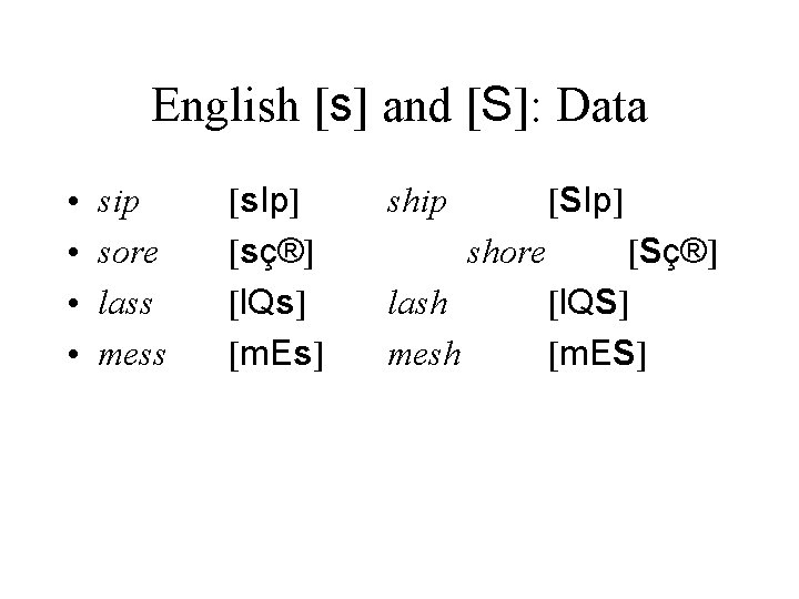 English [s] and [S]: Data • • sip sore lass mess [s. Ip] [sç®]