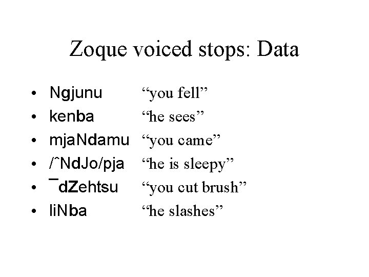 Zoque voiced stops: Data • • • Ngjunu kenba mja. Ndamu /ˆNd. Jo/pja ¯d. Zoque voiced stops: Data • • • Ngjunu kenba mja. Ndamu /ˆNd. Jo/pja ¯d.