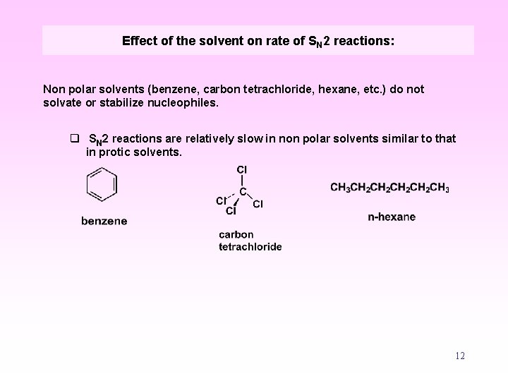 Effect of the solvent on rate of SN 2 reactions: Non polar solvents (benzene,