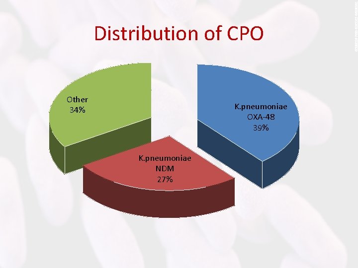 Distribution of CPO Other 34% K. pneumoniae OXA-48 39% K. pneumoniae NDM 27% 