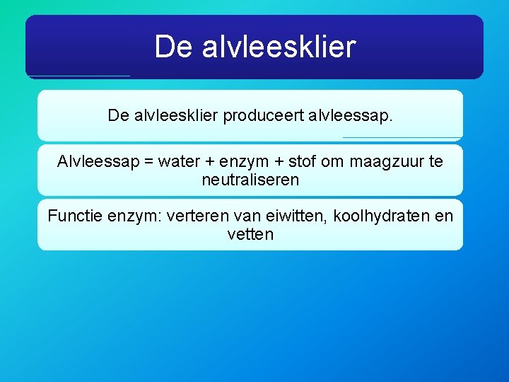 De alvleesklier produceert alvleessap. Alvleessap = water + enzym + stof om maagzuur te
