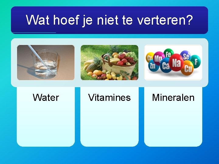 Wat hoef je niet te verteren? Water Vitamines Mineralen 