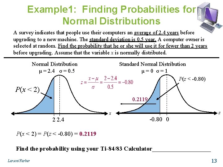 Example 1: Finding Probabilities for Normal Distributions A survey indicates that people use their