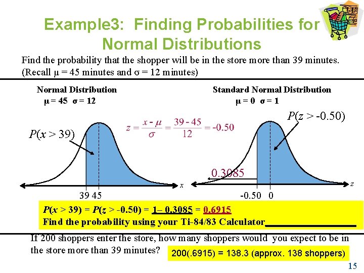 Example 3: Finding Probabilities for Normal Distributions Find the probability that the shopper will Example 3: Finding Probabilities for Normal Distributions Find the probability that the shopper will