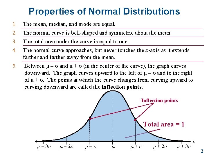 Properties of Normal Distributions 1. 2. 3. 4. The mean, median, and mode are Properties of Normal Distributions 1. 2. 3. 4. The mean, median, and mode are