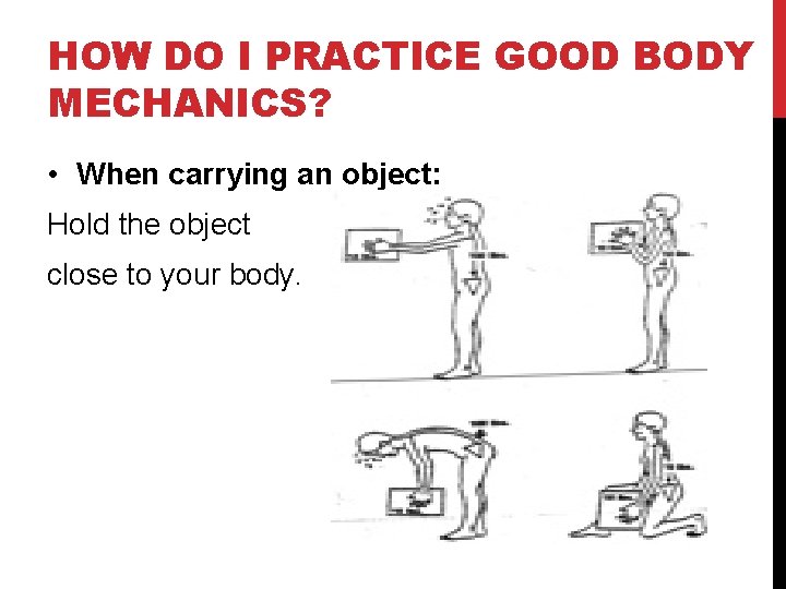 HOW DO I PRACTICE GOOD BODY MECHANICS? • When carrying an object:   Hold