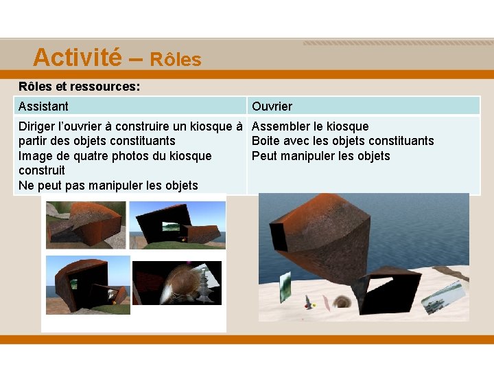  Activité – Rôles et ressources: Assistant Ouvrier Diriger l’ouvrier à construire un kiosque