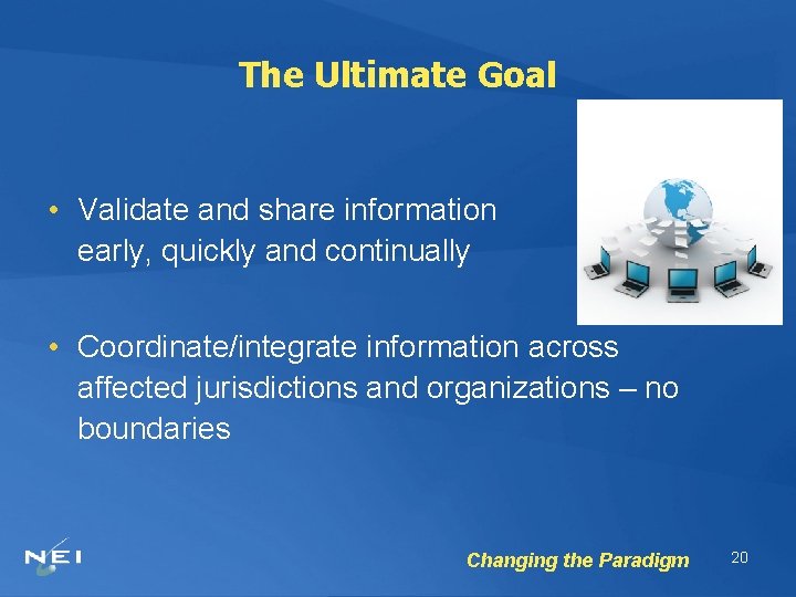 The Ultimate Goal • Validate and share information early, quickly and continually • Coordinate/integrate