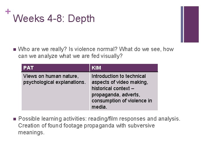 + Weeks 4 -8: Depth n n Who are we really? Is violence normal?