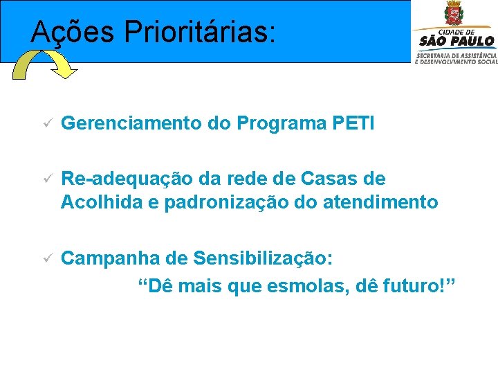  Ações Prioritárias: ü Gerenciamento do Programa PETI ü Re-adequação da rede de Casas