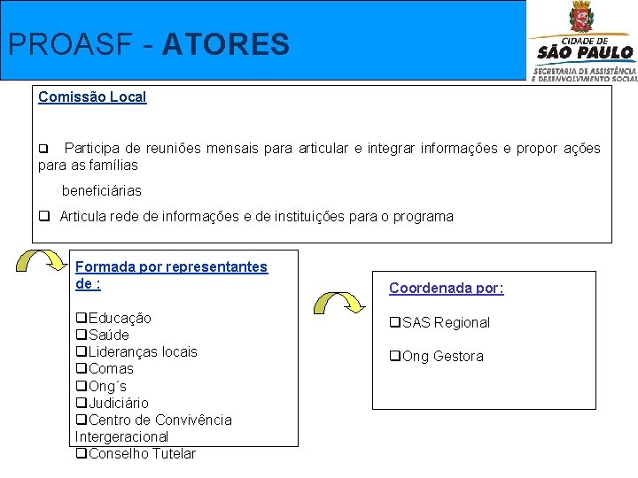  PROASF - ATORES Comissão Local q Participa de reuniões mensais para articular e