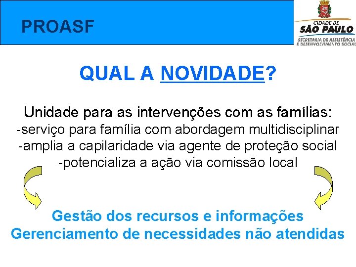  PROASF QUAL A NOVIDADE? Unidade para as intervenções com as famílias: -serviço para