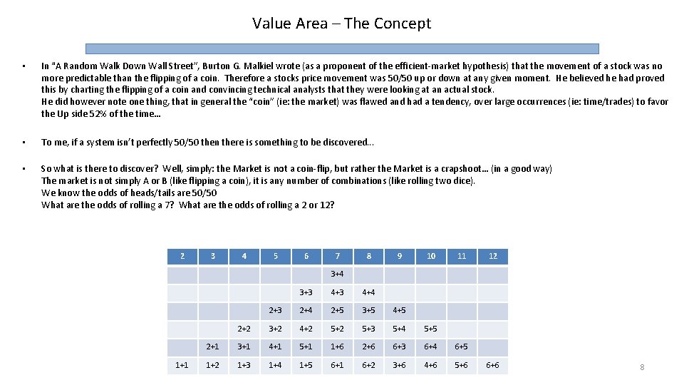 Value Area – The Concept • In “A Random Walk Down Wall Street”, Burton