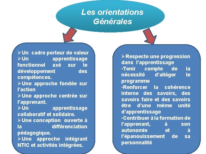 Les orientations Générales ØUn cadre porteur de valeur ØUn apprentissage fonctionnel axé sur le