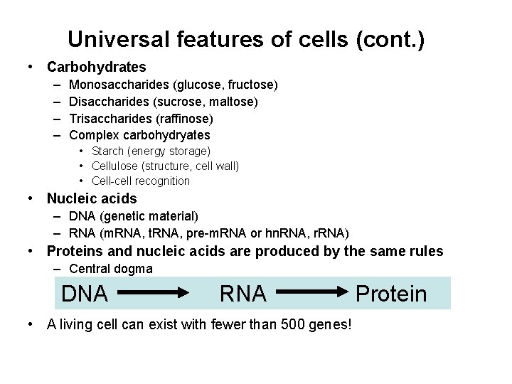 Universal features of cells (cont. ) • Carbohydrates – – Monosaccharides (glucose, fructose) Disaccharides