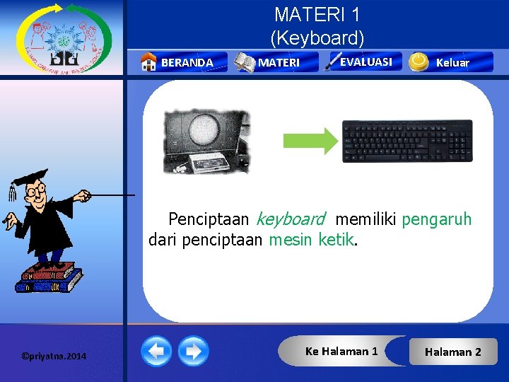 MATERI 1 (Keyboard) BERANDA MATERI EVALUASI Keluar Penciptaan keyboard memiliki pengaruh dari penciptaan mesin