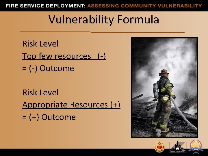 Vulnerability Formula Risk Level Too few resources (-) = (-) Outcome Risk Level Appropriate