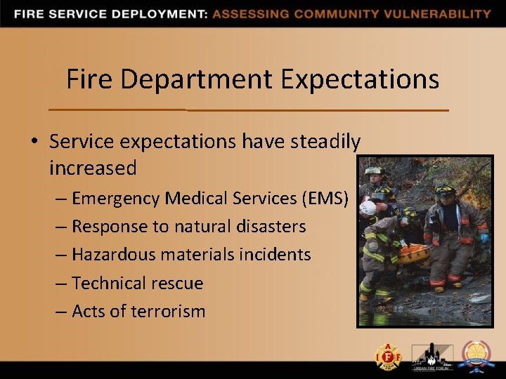 Fire Department Expectations • Service expectations have steadily increased – Emergency Medical Services (EMS)