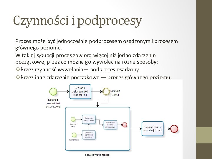 Czynności i podprocesy Proces może być jednocześnie podprocesem osadzonym i procesem głównego poziomu. W