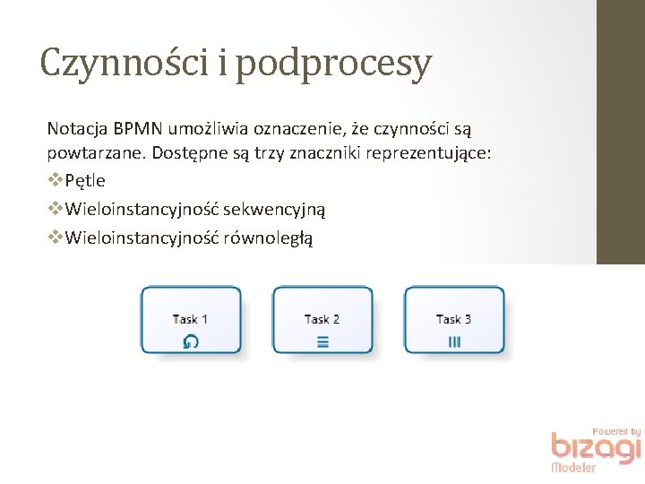 Czynności i podprocesy Notacja BPMN umożliwia oznaczenie, że czynności są powtarzane. Dostępne są trzy