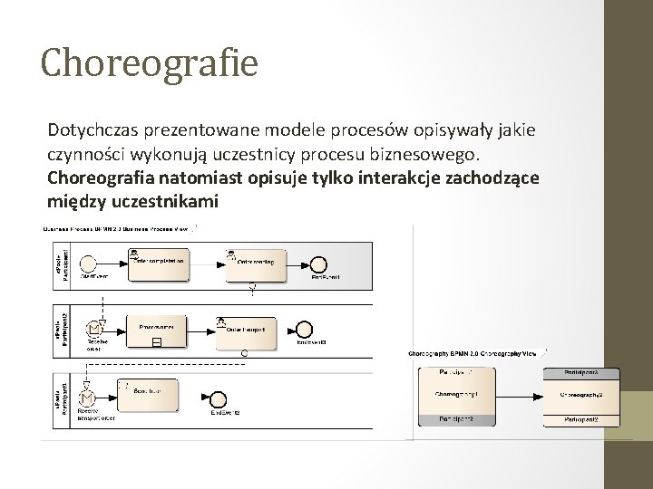 Choreografie Dotychczas prezentowane modele procesów opisywały jakie czynności wykonują uczestnicy procesu biznesowego. Choreografia natomiast