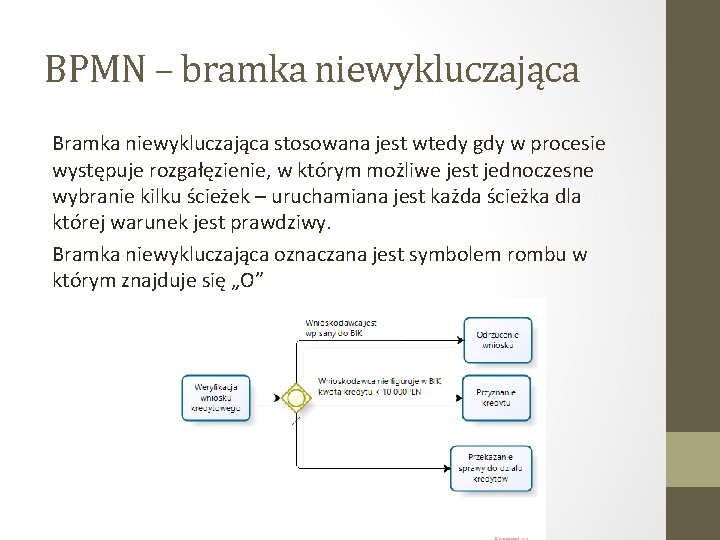 BPMN – bramka niewykluczająca Bramka niewykluczająca stosowana jest wtedy gdy w procesie występuje rozgałęzienie,