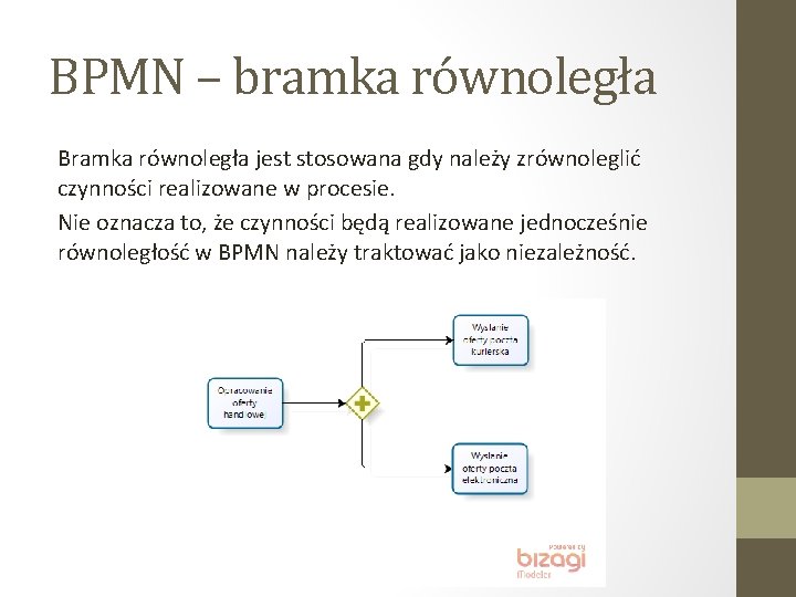 BPMN – bramka równoległa Bramka równoległa jest stosowana gdy należy zrównoleglić czynności realizowane w