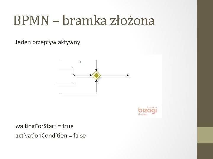 BPMN – bramka złożona Jeden przepływ aktywny waiting. For. Start = true activation. Condition