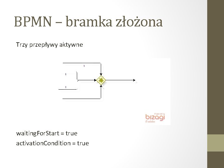 BPMN – bramka złożona Trzy przepływy aktywne waiting. For. Start = true activation. Condition
