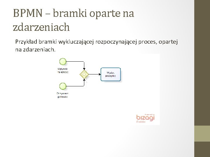 BPMN – bramki oparte na zdarzeniach Przykład bramki wykluczającej rozpoczynającej proces, opartej na zdarzeniach.