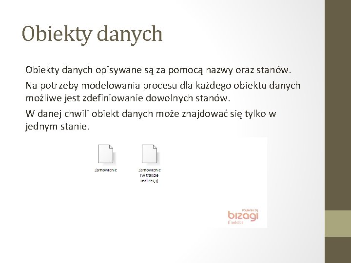 Obiekty danych opisywane są za pomocą nazwy oraz stanów. Na potrzeby modelowania procesu dla