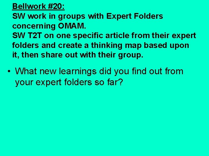 Bellwork #20: SW work in groups with Expert Folders concerning OMAM. SW T 2