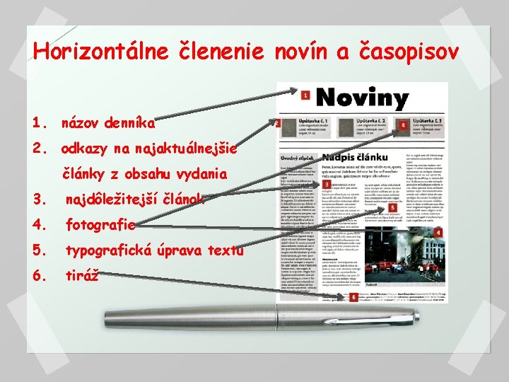 Horizontálne členenie novín a časopisov 1. názov denníka 2. odkazy na najaktuálnejšie články z