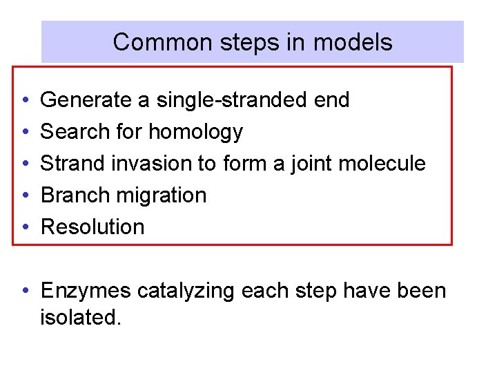 Common steps in models • • • Generate a single-stranded end Search for homology